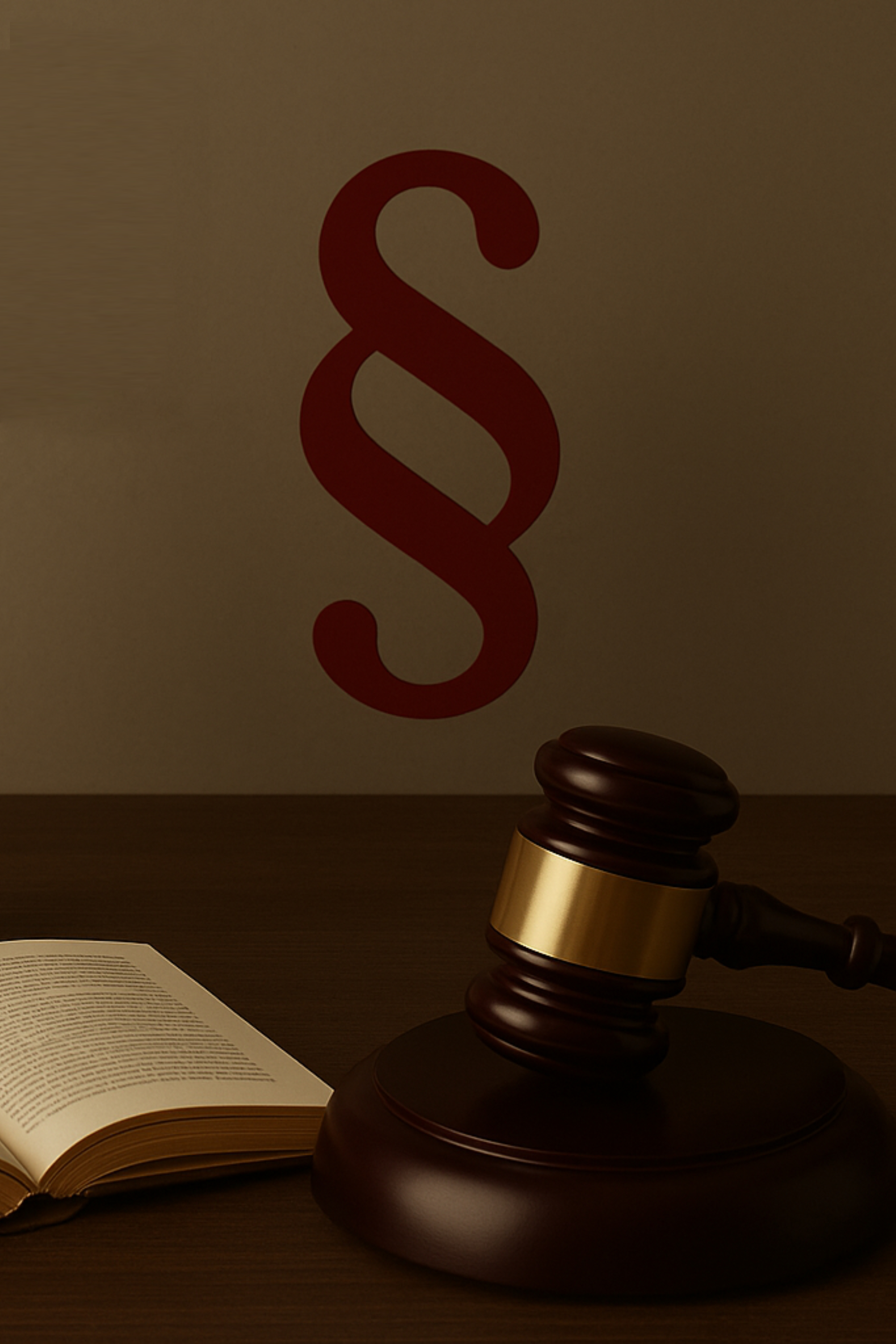 Młotek sędziowski i otwarta książka na tle symbolu paragrafu, symbolizujące prawo. 