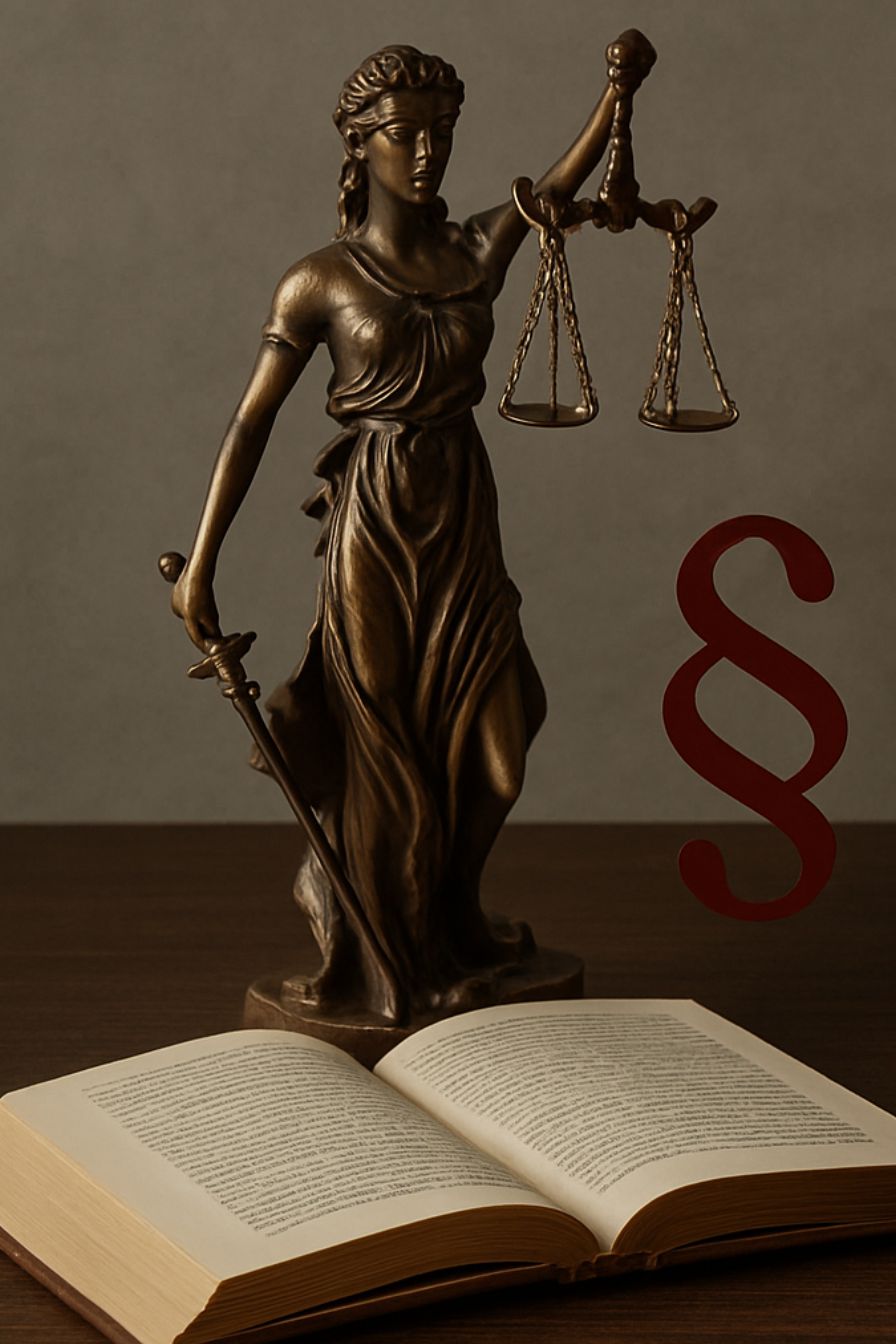 Posąg Temidy trzymającej miecz i wagę, książka i paragraf